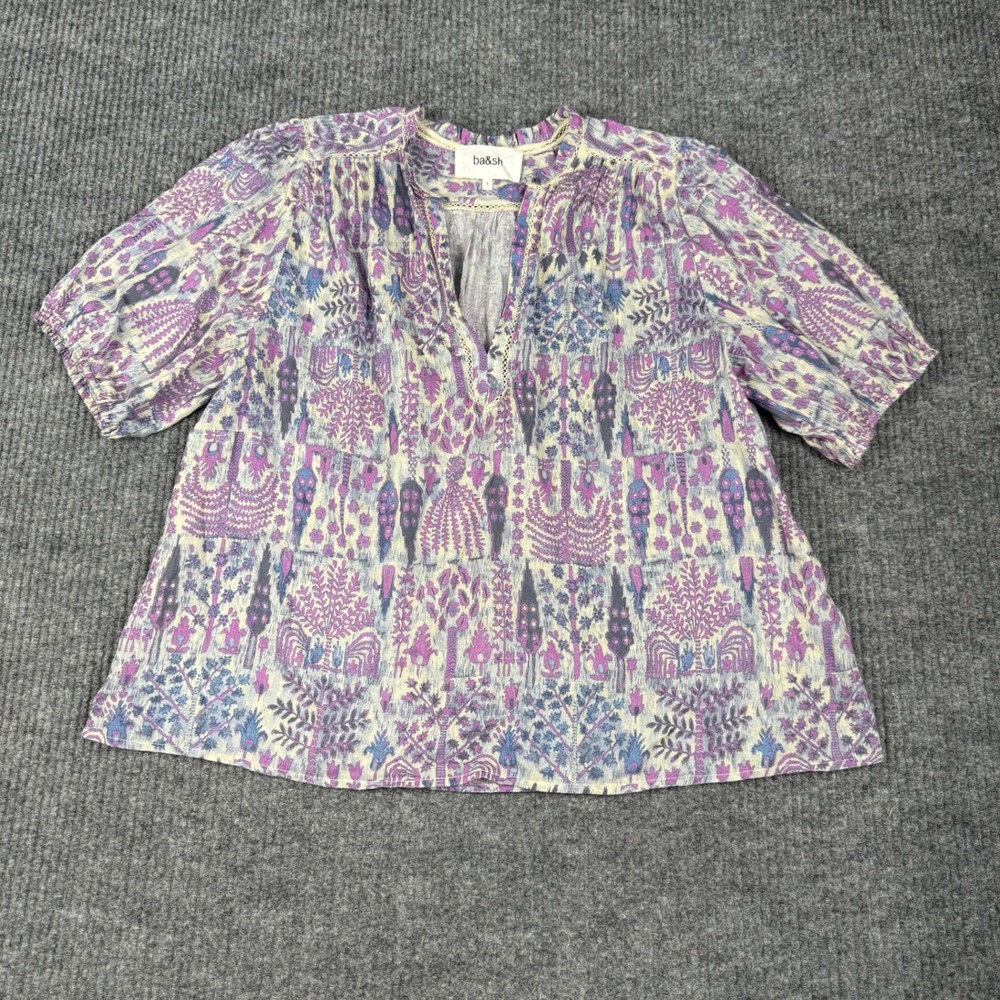 ba&sh Blouse Womens 8/L 100% Cotton Puff Sleeve Folk Floral Print Crochet Lace